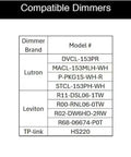 Table showing dimmer compatibility with Lutron, Leviton, and TP-link models for 6 Inch Integrated LED Recessed Downlight With Night Light Trim.