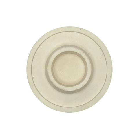 Stain Proof White Rubber Tub And Sink Drain Stopper Plug For One To Two Inch Drains With Split Ring Handle seen from top, 3 inch wide, stainproof.