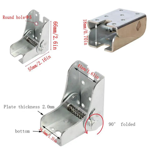 Heavy Duty Galvanized Steel Self Locking Hinge Brackets For Folding Desks And Couches showing dimensions and foldable design.
