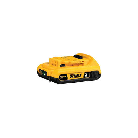 Compact 20V Max Lithium Ion Battery Twin Pack 2.0Ah in yellow design, ideal for tool swaps with a LED fuel gauge.