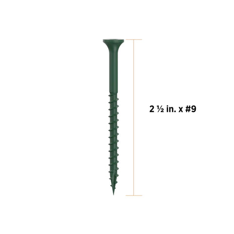 Top Shelf Green Deck Screws Two And A Half Inch Star Drive Bugle Head For Exterior Woodwork Built Like A Tank For Smooth Decking Jobs No Prep Work Needed Heavy Duty Bulk Pack Driver Bit Included - Green deck screw with bugle head, 2.5 in length.