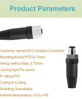 Product parameters for M12 aviation connector including IP67 rating and mounting details