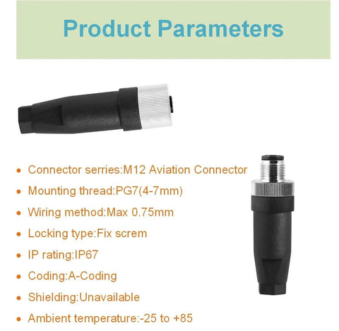 Product parameters for M12 aviation connector including IP67 rating and mounting details