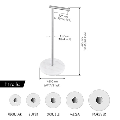 Diagram showing dimensions of Freestanding Toilet Paper Holder With Unique Marble Base Modern Brushed Stainless Steel Stand.