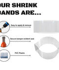 Pro Grade Clear Perforated Shrink Bands For Large Bulk Containers Tamper Evident Seals No Fuss Wraps For Industrial Tub And Big Jug Packing showcasing application tools and seal features.