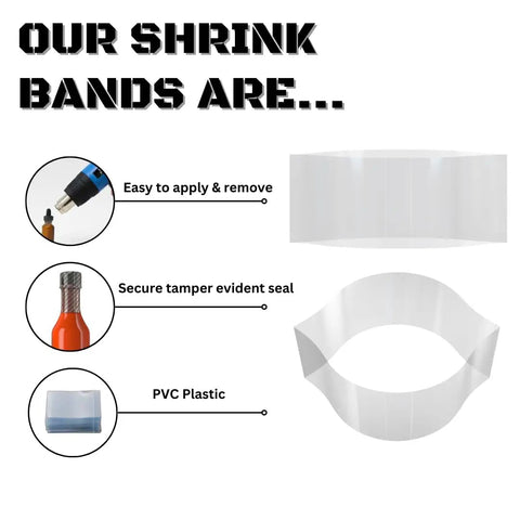 Pro Grade Clear Perforated Shrink Bands For Large Bulk Containers Tamper Evident Seals No Fuss Wraps For Industrial Tub And Big Jug Packing showcasing application tools and seal features.