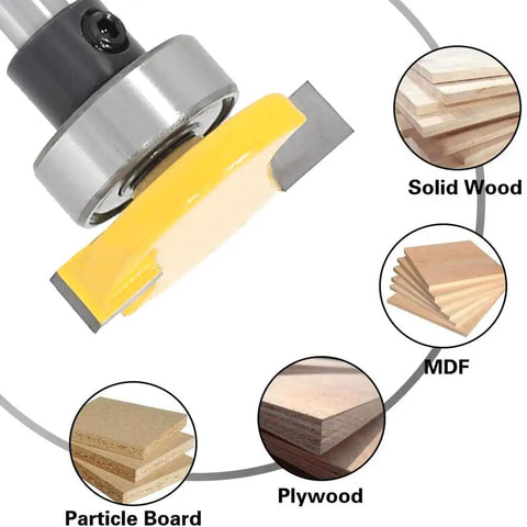 T Slot Router Bit With Bearing For Woodworking One Quarter Inch Shank Slot Cutter close-up, suitable for solid wood, MDF, plywood, particle board.