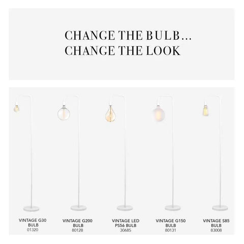 Dope 70 Inch Matte White Floor Lamp With In Line On Off Foot Switch showcasing various bulb styles.