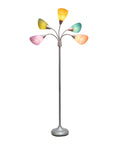67 Inch Contemporary Medusa Five Light Adjustable Gooseneck Floor Lamp With Silver Finish And Colorful Shades In Green Lilac Coral Teal Pink