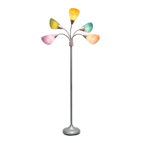 67 Inch Contemporary Medusa Five Light Adjustable Gooseneck Floor Lamp With Silver Finish And Colorful Shades In Green Lilac Coral Teal Pink
