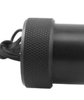 Side view of black Scuba DIN Tank Valve Dust Plug Cap Protector For Regulator Threads, Durable Plastic Steel Cover, Inner Teeth Fit