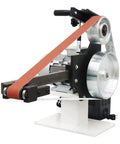 Heavy Duty Variable Speed Belt Sander And Knife Grinder Featuring Triple Grinding Wheels, Beefy Frequency Converter Base, 2000 Watt Motor close-up showing sanding belt and motor.