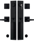 Matte Black Double Door Handleset With Adjustable Hole Position For Us Doors Fits Eight One Third To Nine Five Eighth Inch Bore Includes Keyed Entry And Dummy Handle Easy Install Durable Metal Construction displayed in parts