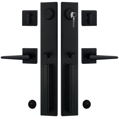 Matte Black Double Door Handleset With Adjustable Hole Position For Us Doors Fits Eight One Third To Nine Five Eighth Inch Bore Includes Keyed Entry And Dummy Handle Easy Install Durable Metal Construction displayed in parts