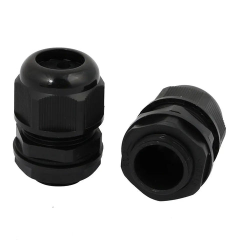Five Pack Nylon M25 x 1.5mm Three-Hole Cable Gland Connectors in black, weatherproof joint, two connectors seen from different angles