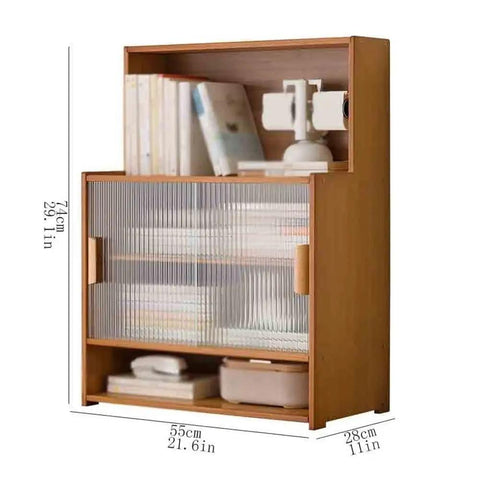 Multi Tier Desktop Bookshelf With Bamboo Build And Sliding Plastic Door Space Saver Display Rack For Home Office Cozy Sturdy