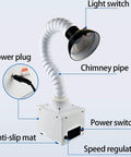 Desktop Welding Fume Extractor With 35 Watt Knockout Suction And Triple Layer Filtration components including light switch and power plug.
