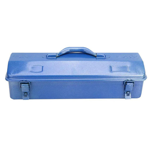 Heavy Duty Iron Tool Chest Organizer With Secure Padlock Clasp And Dual Carry Grips in blue, viewed from the top.