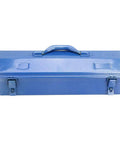 Serious Workhorse Iron Tool Chest With Adjustable Telescoping Handle And Secure Padlock Compatible Lock For Rugged Job Site Storage And Garage Gear Organization, blue toolbox with secure latches.