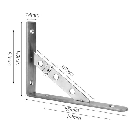 2 Pack Stainless Steel Right Angle Shelf Brackets 4mm Thick for Heavy Duty Loads, wall-mounted, brushed finish, side view