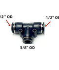 Pneumatic Reducer Tee Connector 1/2 Inch X 3/8 Inch X 1/2 Inch OD Push To Connect Fittings Made From PBT Plastic, front view