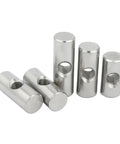 304 Stainless Steel Barrel Nuts For Woodworking, Cross Hole Dowel Bolts displayed in various sizes