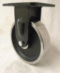 Heavy Duty 8 Inch Forged Steel Dual Wheel Caster Set With Kingpinless Swivel Directional Lock And Rigid Rollers showing steel wheel and mounting plate.