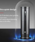 Portable Electric Coffee Burr Grinder With 50g Capacity And Magnetic Cover Aluminum Alloy Body External Adjustable Settings Ultra Quiet Brushless Motor Fast Grinding Powered By 800mAh Rechargeable Battery Black Edition showcasing its ultra-quiet design.