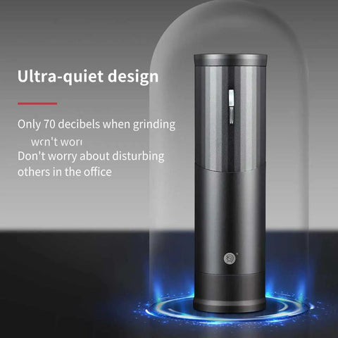 Portable Electric Coffee Burr Grinder With 50g Capacity And Magnetic Cover Aluminum Alloy Body External Adjustable Settings Ultra Quiet Brushless Motor Fast Grinding Powered By 800mAh Rechargeable Battery Black Edition showcasing its ultra-quiet design.
