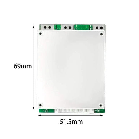 Top Shelf 13S 48V 35A BMS Protection Board For Lithium Ion Packs, dimensions 69mm x 51.5mm, sleek design for custom builds.