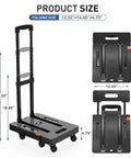 Beefy Folding Hand Truck Dolly Cart With 6 Wheels And 500 Lb Capacity For Luggage Moving And Travel Heavy Duty Utility Cart That Folds Flat For Easy Storage Sturdy Haul With 2 Elastic Ropes. Folded and open size diagram of black folding hand truck, 37.79 in tall
