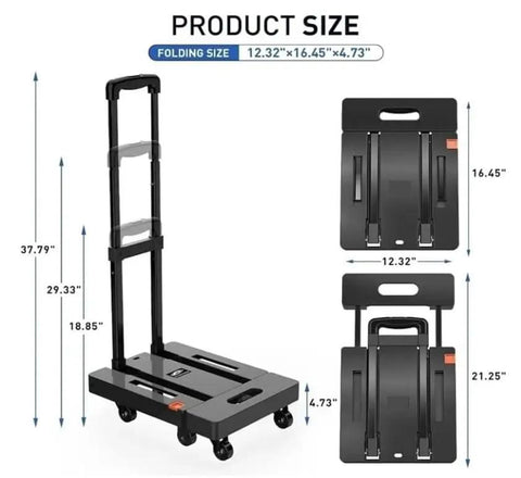 Beefy Folding Hand Truck Dolly Cart With 6 Wheels And 500 Lb Capacity For Luggage Moving And Travel Heavy Duty Utility Cart That Folds Flat For Easy Storage Sturdy Haul With 2 Elastic Ropes. Folded and open size diagram of black folding hand truck, 37.79 in tall