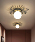 Semi Flush Ceiling Light Fixture 1 Light Brushed Brass Finish With White Glass Shade in a modern hallway interior