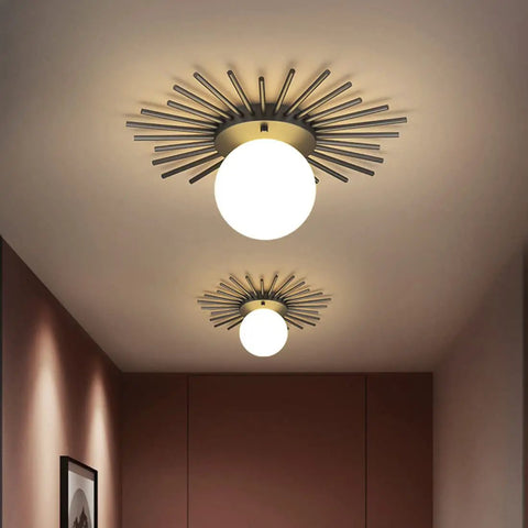 Semi Flush Ceiling Light Fixture 1 Light Brushed Brass Finish With White Glass Shade in a modern hallway interior