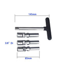 145mm T Bar with 3/8 inch drive, three sockets 8mm, 10mm, 12mm; 4 Piece Glow Plug Socket Set With Three Eighths Inch Drive T Bar For Quick No Hassle Removal Of Broken Glow Plugs Includes 8mm 10mm 12mm Sockets With Universal Joint Ideal Automotive Glow Plug Replacement Tool