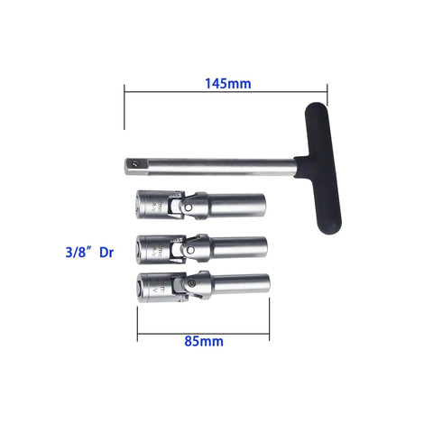 145mm T Bar with 3/8 inch drive, three sockets 8mm, 10mm, 12mm; 4 Piece Glow Plug Socket Set With Three Eighths Inch Drive T Bar For Quick No Hassle Removal Of Broken Glow Plugs Includes 8mm 10mm 12mm Sockets With Universal Joint Ideal Automotive Glow Plug Replacement Tool