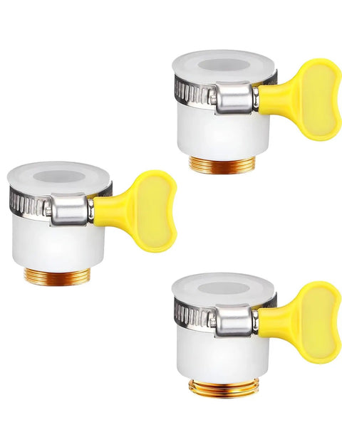 Three Piece Faucet Adapter Kit Universal Sink Hose Adapters With Two Fine Thread And One Coarse Thread For Portable Washer Garden Hose Water Filter Outer 15 To 24 Millimeter Silver No Fuss Setup, showing three adapters with yellow clamps.