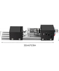 No Fuss Mini Bench Lathe And Bead Polisher Machine 96W showing dimensions 32cm x 6cm x 7cm with aluminum body and black steel grip.