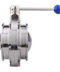 Side view of Sanitary Butterfly Valve Heavy Duty With Pull Handle For 6 Inch Tri Clamp Stainless Steel 304, showing blue handle