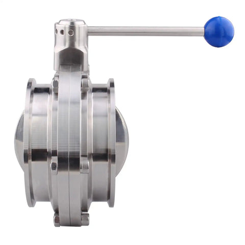 Side view of Sanitary Butterfly Valve Heavy Duty With Pull Handle For 6 Inch Tri Clamp Stainless Steel 304, showing blue handle