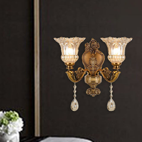 Old-School Antique Brass Wall Sconce With Two Heads, Beveled Crystal Shade, Vintage Floral Design, Retro Vibe Lighting