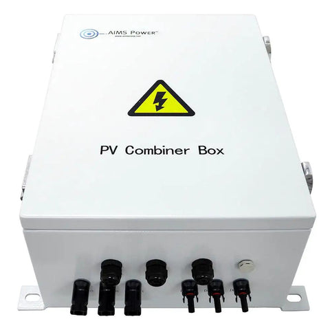 Built Tough 3 String Solar Array Combiner Box With Prewired MC4 Plugs 60 Amp 200 Volt For 10Kw Photovoltaic Panels on a white background.