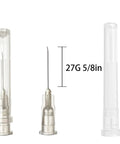 High Flow 27 Gauge Luer Lock Refilling Tips for Inks, 100 Pack, Five Eighths Inch Length, Stainless Steel and Plastic, Straight and Screw In Ports, Great for Scientific Labs, Industrial Use and Ink Refill Projects, 27G 5/8in tip shown