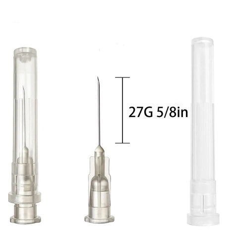 High Flow 27 Gauge Luer Lock Refilling Tips for Inks, 100 Pack, Five Eighths Inch Length, Stainless Steel and Plastic, Straight and Screw In Ports, Great for Scientific Labs, Industrial Use and Ink Refill Projects, 27G 5/8in tip shown