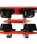 Two Ton Push Trolley Beam Trolley 4400 Lbs Capacity Dual Wheels Crane Lift, close-up view, metal construction, red and black components.