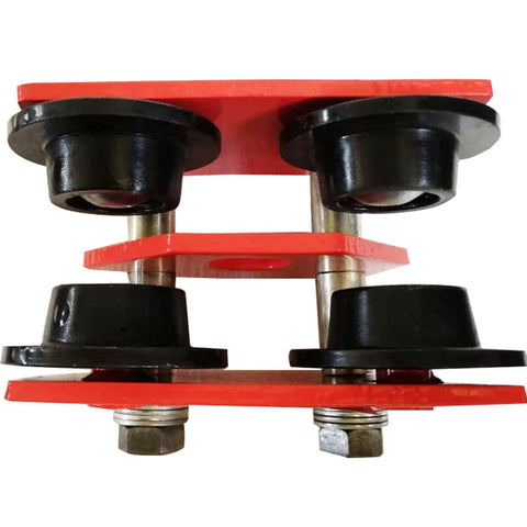 Two Ton Push Trolley Beam Trolley 4400 Lbs Capacity Dual Wheels Crane Lift, close-up view, metal construction, red and black components.