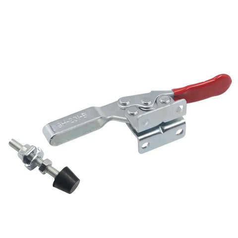 Close-up of horizontal quick release tool from 8-Piece Heavy Duty Toggle Clamp Kit With Horizontal Quick Release Locking Tool For Woodworking And Metalworking Beefy Self-Locking Lever System Delivers Steady Downward Clamping Force Through Repeated Use.