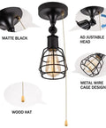 Industrial Farmhouse Style Ceiling Light With Pull Chain One Light Black Semi Flush Mount Adjustable Metal Cage Directional Wall Sconce For Kitchen Hallway Laundry Room Bedroom And Living Area No Fuss Install.