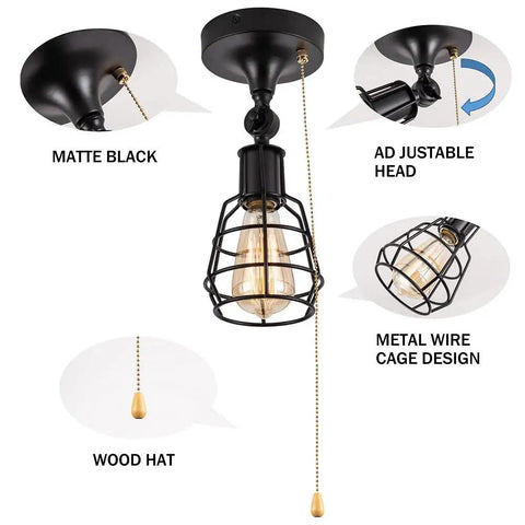 Industrial Farmhouse Style Ceiling Light With Pull Chain One Light Black Semi Flush Mount Adjustable Metal Cage Directional Wall Sconce For Kitchen Hallway Laundry Room Bedroom And Living Area No Fuss Install.