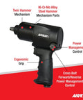 Heavy Duty One Half Inch Impact Wrench With Eight Hundred Ft Lbs Max Torque And One Thousand Ft Lbs Loosening Torque Twin Hammer Mechanism Ni Cr Mo Alloy Steel Triple Hardened For Ultimate Reliability Ergonomic Grip Black Finish